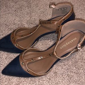 Navy blue and brown T-strap heels pointy Metaphor